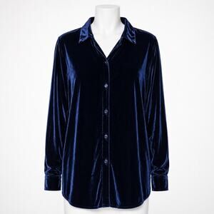 Carolyn Taylor Top Women’s Size M Dark Blue Velvet Velour Long Sleeve Button Up